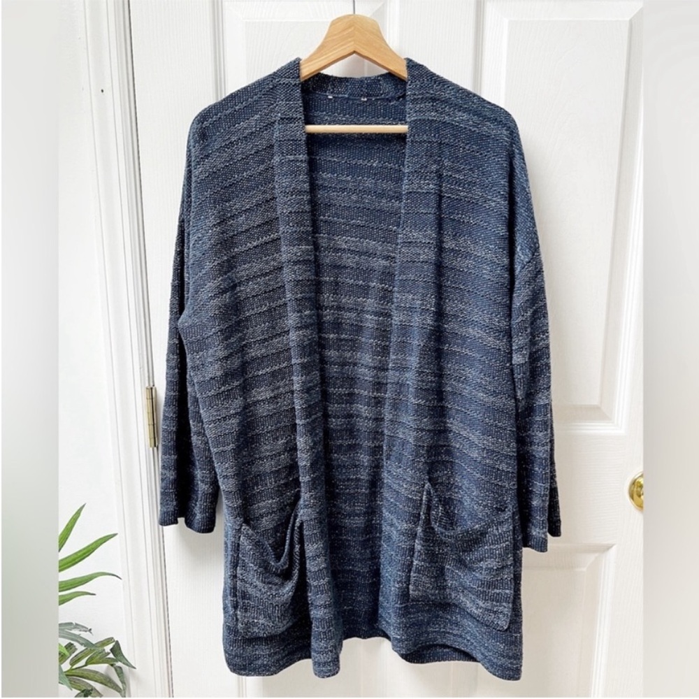 Eileen Fisher Blue Kimono Organic Cotton Blend Striped Cardigan